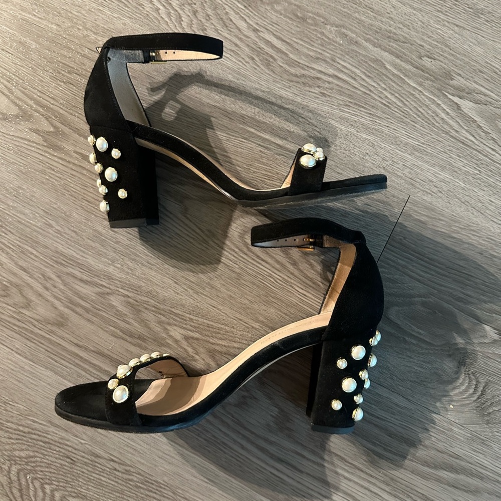 Stuart Weitzman nearlynude nudist more pearls chunky heel black suede 7 - Picture 5 of 12